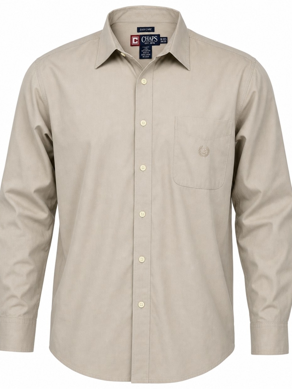Chaps Mens XL Long Sleeve Button Down Shirt‎ Beige Khaki Easy Care Logo Pocket